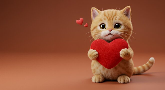 Adorable Ginger Kitten Holding Red Heart on Brown Background - Powered by Adobe