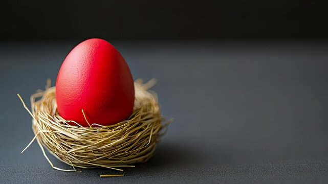 Single red egg in a bird's nest on dark background