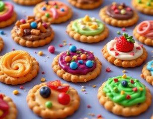 a whimsical, fantasy style illustration of crackers topped with tiny, colorful toppings