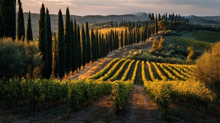 Stunning vineyard rows in Tuscany, lined with iconic cypress trees under golden light. Perfect for travel, wine, and countryside themes. Serene and picturesque