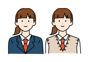 ポニーテールの女子高生 ブレザー ベスト ネクタイ