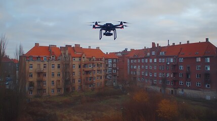 Fototapeta premium A drone flies over a vacant urban landscape with red-roofed buildings.