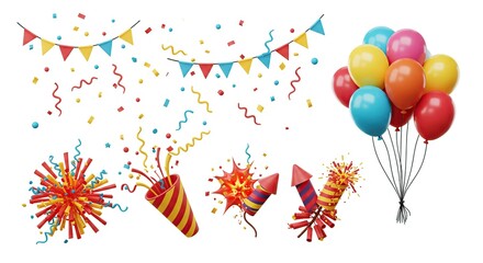Colorful Party Balloons Confetti and Fireworks 3d Render