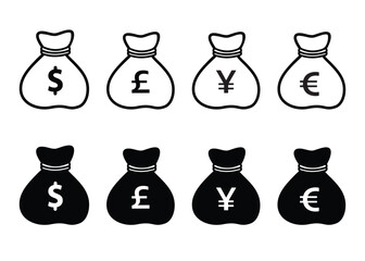  Money Bag banking Icon set vector silhouette white background. icon set vector money bag  on with dollar, euro, pound and yen sign