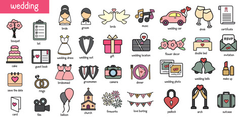 Set of colorful wedding icons, marriage icon vector
