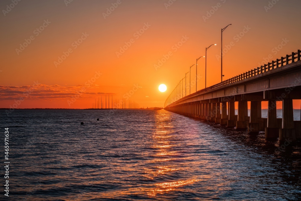 Poster sunset casts warm glow over long bridge crossing tranquil ocean bay with lights reflecting on water 