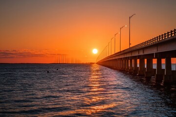 Obraz premium Sunset Casts Warm Glow Over Long Bridge Crossing Tranquil Ocean Bay With Lights Reflecting on Water Generative AI
