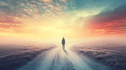 Fototapeta premium Inspirational Image of a Journey Decision Under a Colorful Sky