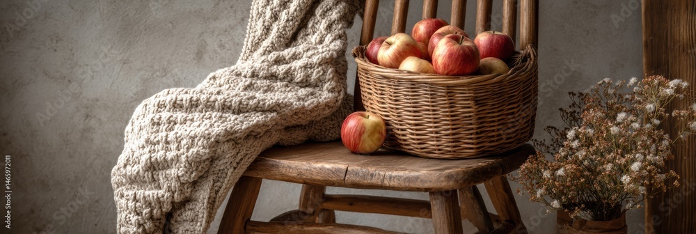 Poster cozy wooden chair with knit throw and basket filled with fresh apples in a rustic setting generative