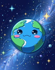 Fototapeta premium stylized anime inspired earth with expressive eyes and a small frown, placed in a starry, animated space scene