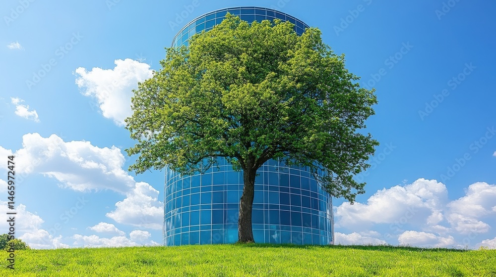 Aufkleber sustainable integration futuristic architecture tree merging wit