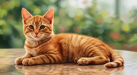 Adorable Ginger Kitten Resting on Shiny Surface Outdoors