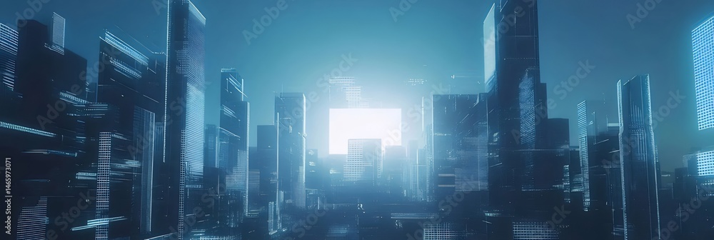 Poster 青色の夜の都市景観のスカイライン高層ビル構造都市ライト建築の背景デザイン