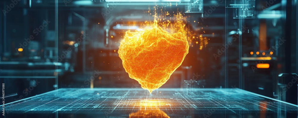 Poster a glowing orange object is displayed on a blue screen. the object appears to be a small, glowing roc