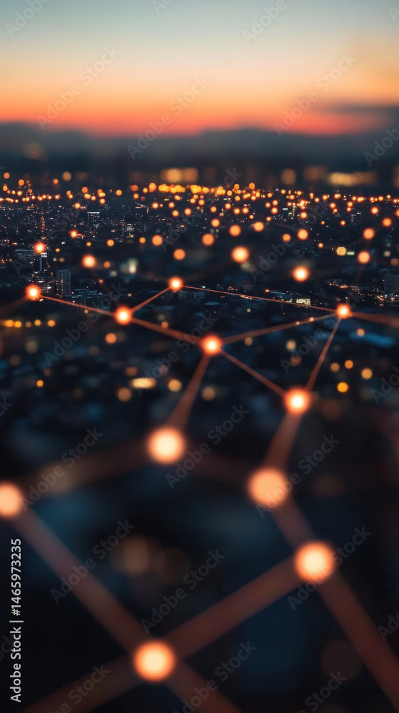 Poster a cityscape with a network of lights that are glowing in the night sky. the lights are connected in 