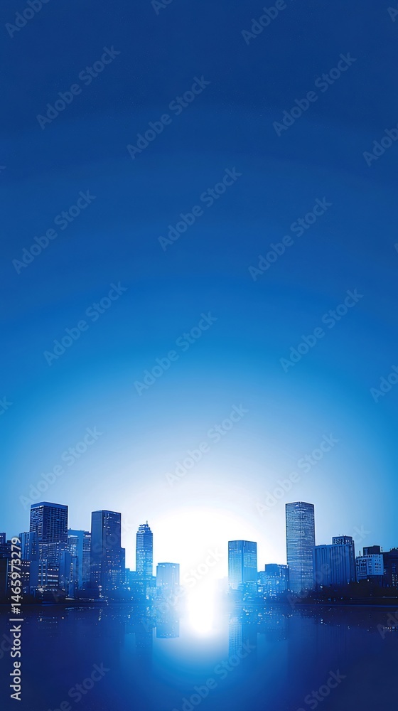 Aufkleber 星空の下で輝く青い都市の夜景 シルエットの建物と水面に反射する光が幻想的な風景を作り出す抽象的な背景デザイン