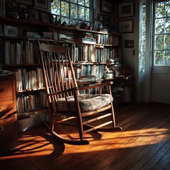 A vintage wooden rocking chair bathed in sunlight, perfect for a cozy reading nook. Rustic charm meets timeless elegance in this antique-inspired piece