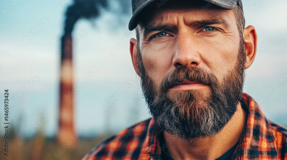 Poster a man with a beard and a hat is standing in front of a large chimney. he looks serious and is starin