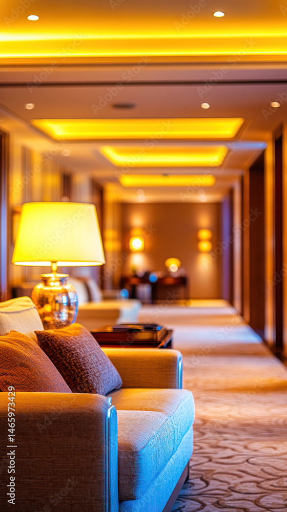 Poster a long hallway with a couch and a lamp in the middle. the hallway is lit with yellow lights, creatin