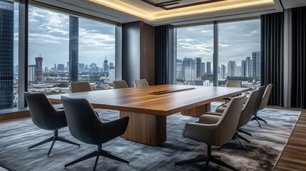 Fototapeta premium Modern Conference Room with City View and Large Wooden Table and Stylish Chairs