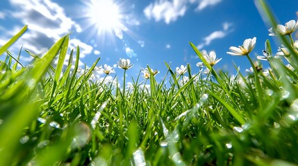 Obraz premium Close Up of Green Grass and White Flowers with Bright Sunny Sky