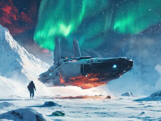 Fototapeta premium Aurora borealis and figure observing hovering object