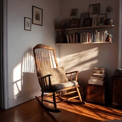 A vintage wooden rocking chair bathed in sunlight, perfect for a cozy reading nook. Rustic charm meets timeless elegance in this antique-inspired piece