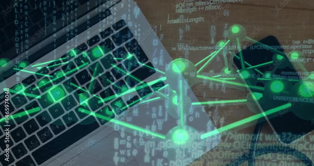 Poster laptop keyboard being tilted on desk, with smartphone and cascading network code overlay