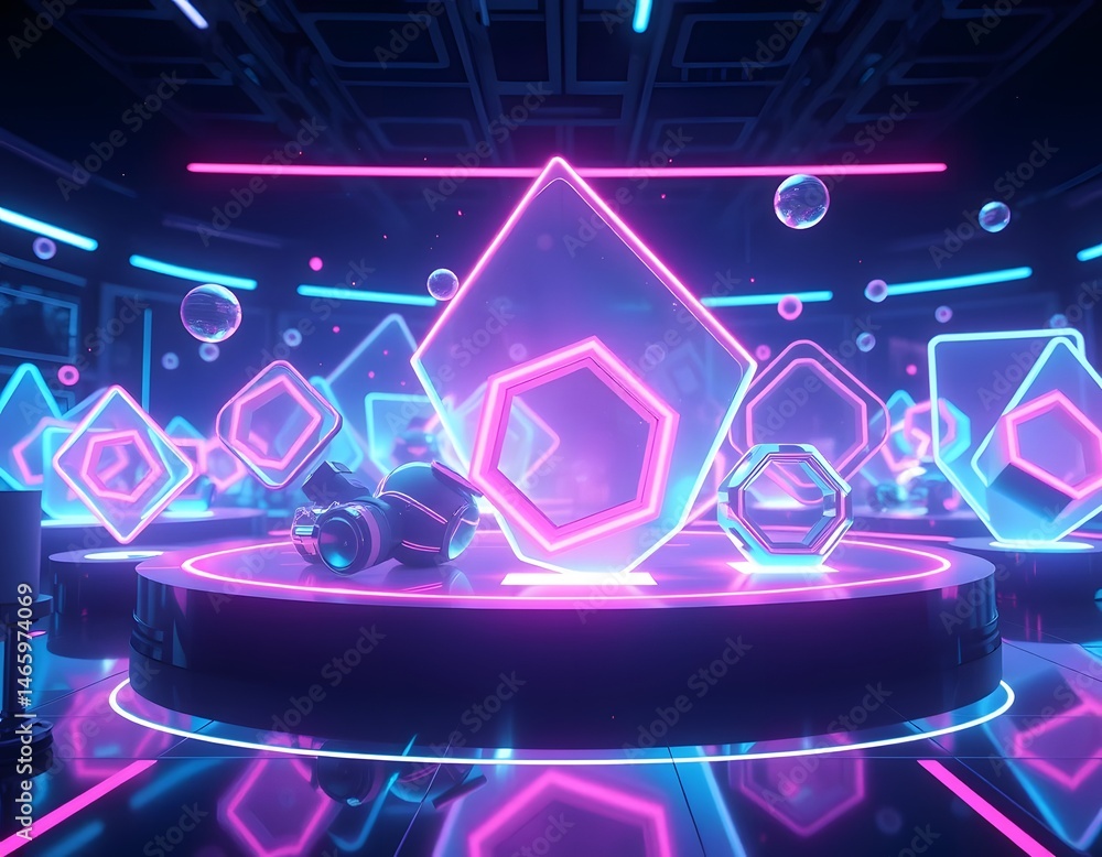 Poster dynamic abstract hologram display, featuring bright, neon shapes moving fluidly. futuristic high tec