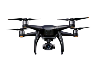 A black flying drone isolated on transparent or white background