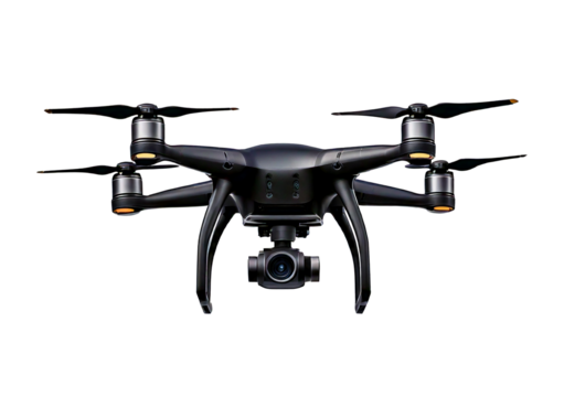 A black flying drone isolated on transparent or white background - Powered by Adobe