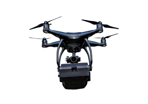 A black flying drone isolated on transparent or white background