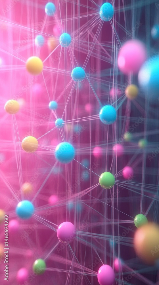 Poster a colorful image of many small balls connected by strings. the balls are of different colors and siz
