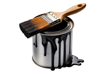 An open paint can and brush with Black paint dripping, isolated on transparent or white background
