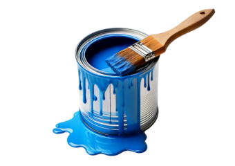 An open paint can and brush with blue paint dripping, isolated on transparent or white background