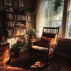 A vintage wooden rocking chair bathed in sunlight, perfect for a cozy reading nook. Rustic charm meets timeless elegance in this antique-inspired piece