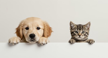 Adorable Golden Retriever Puppy and Tabby Kitten Peeking Over White Surface