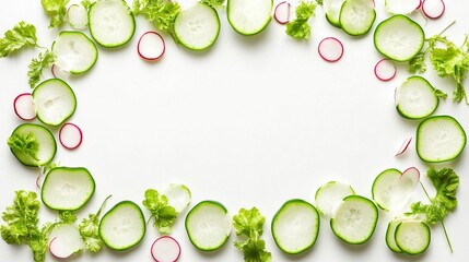 Freshly sliced cucumber, parsley, and radish arranged in a rectangle border on a white surface