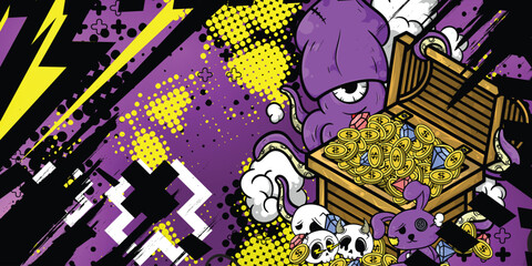 Octopus and treasure chest design with dark abstract racing background
