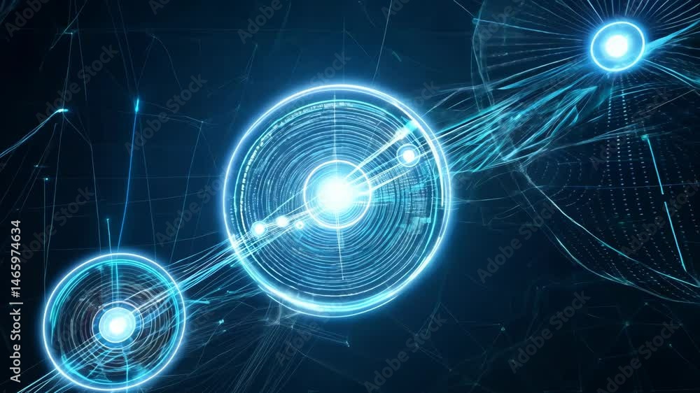 Poster abstract network data stream visualization - neon blue connection points and lines 4k.