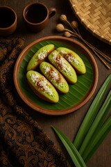 Flatlay photo of traditional Indonesian pandan "kue pukis" topped with freshly grated coconut and melted palm sugar (gula aren), served on a round wooden plate lined with banana leaves. Surrounding.