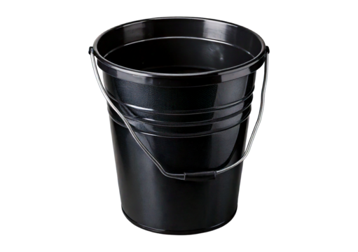 Black plastic bucket with metal handle isolated on transparent or white background