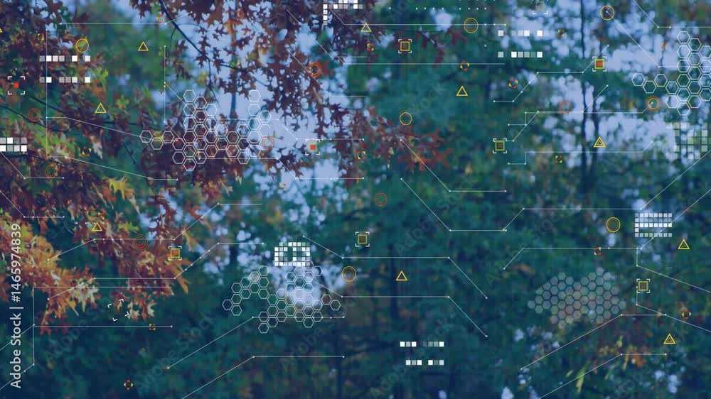 Poster autumn branches being overlaid with digital hexagon grids and node connections in flat design