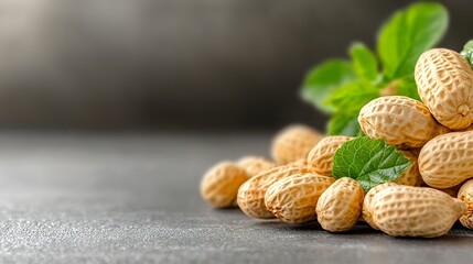 Close Up of Peanuts with Green Leaves on a Grey Background