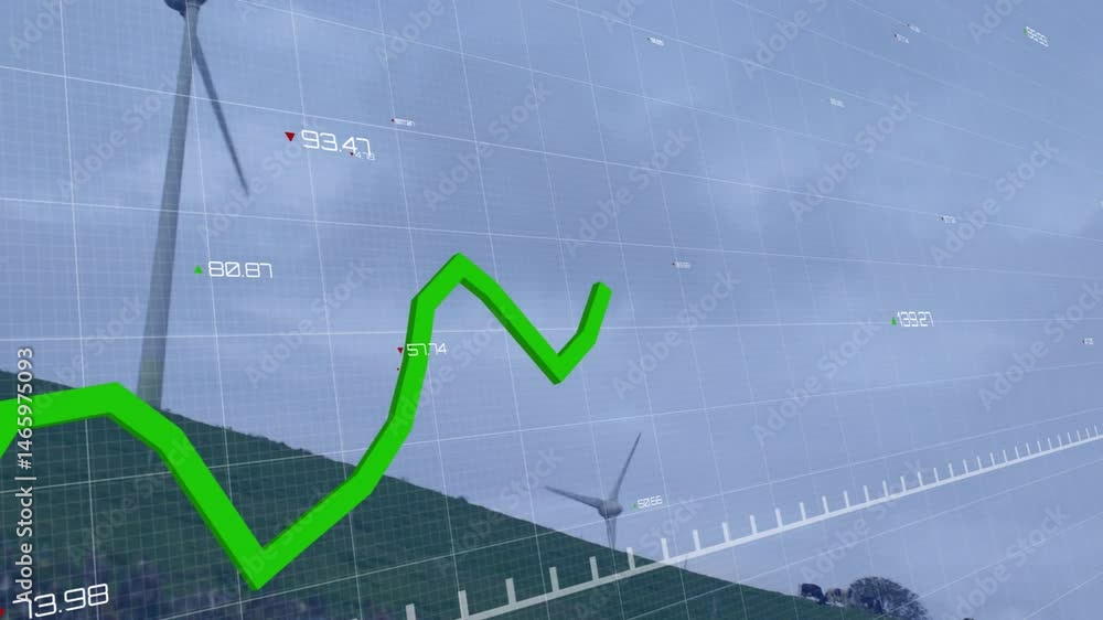 Poster green 3d render line graph floating over wind farm scene, displaying red and white data markers