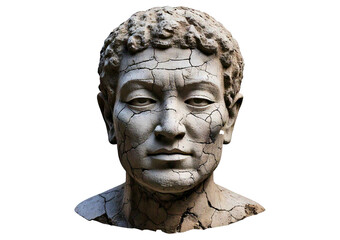 Cracked stone sculpture of human face isolated on transparent or white background