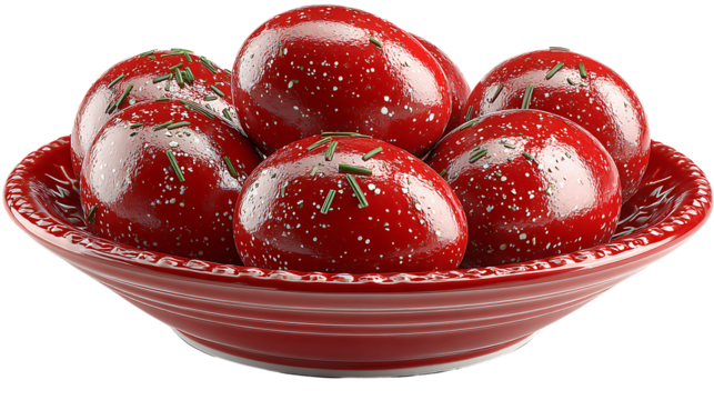 Red glossy spheres in a red bowl garnished with green herbs