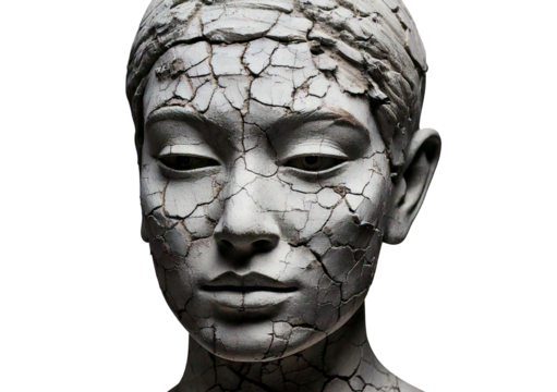 Cracked stone sculpture of human face isolated on transparent or white background