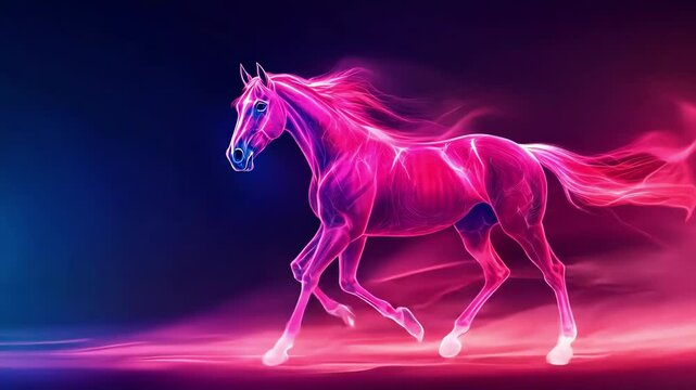 Glowing pink horse running, dynamic pose, dark background