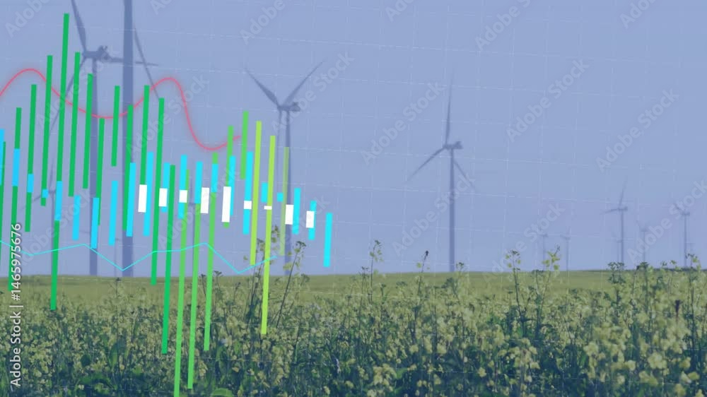 Poster visualizing data over yellow crop field and wind turbines, featuring colored bars and trend lines